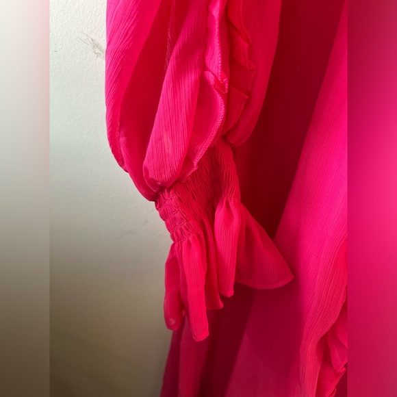 H&M Modest Chiffon Maxi Dress Cerise Pink A-Line Long Sleeve Ruffles XS - Picture 10 of 13